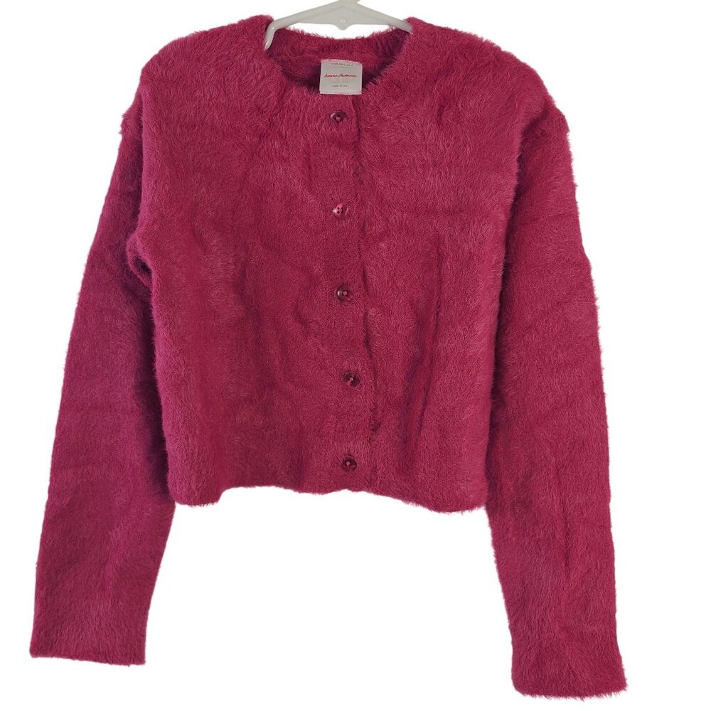 Hanna Andersson Girls Fuzzy Button-Front Cardigan Sweater US 8 Pink Long Sleeve